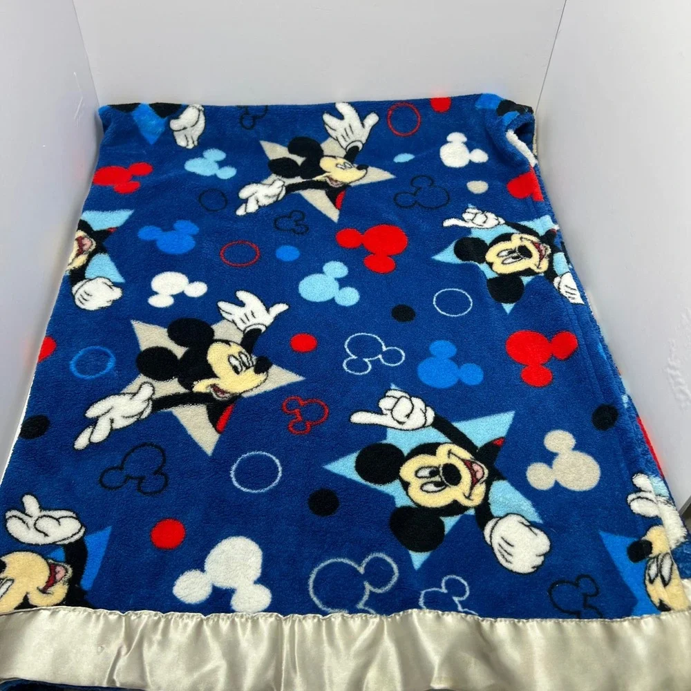 Vintage Disney Mickey Mouse Blue Baby Toddler Blanket Gray Satin Trim Stars